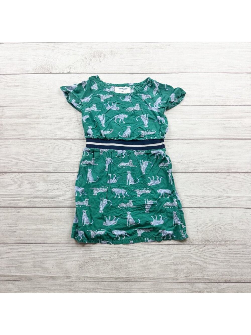 Old Navy Girls Green Cheetah Print Dress Elastic Waist Lightweight Casual XS 5